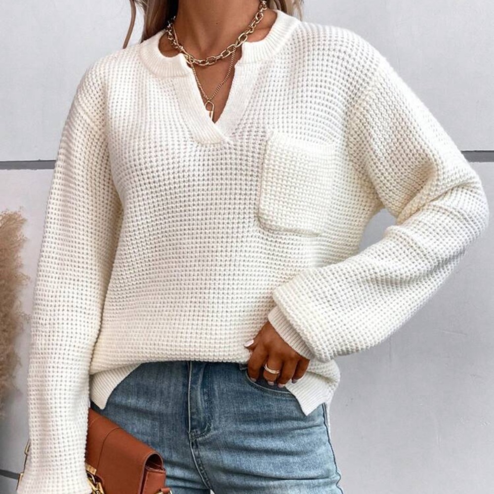 New white long sleeve front pocket sweater